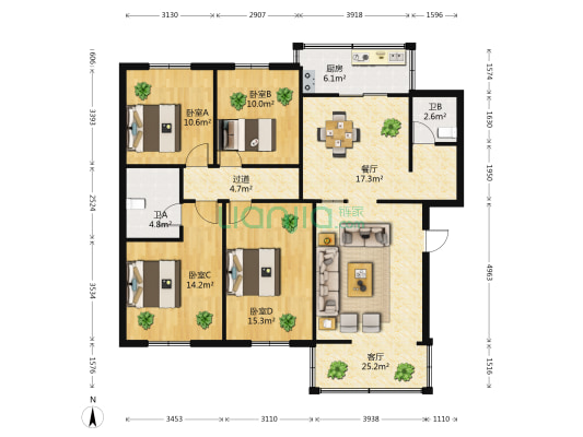 白马小区红塔组团 4室2厅2卫 131平方