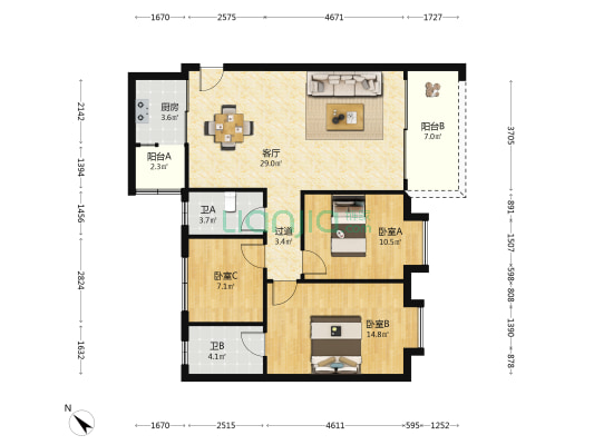 雅芳湖庭 3室1厅2卫 97平方