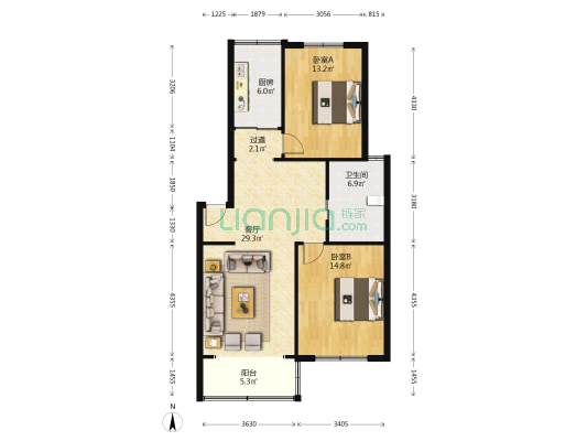 宝启花园(公寓) 2室1厅1卫 94平方