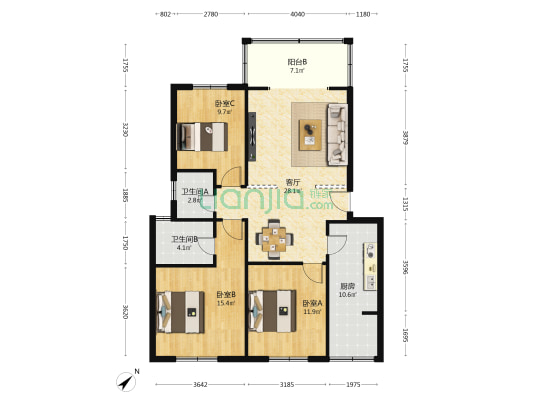 城北风景苑东区 3室1厅2卫 108平方