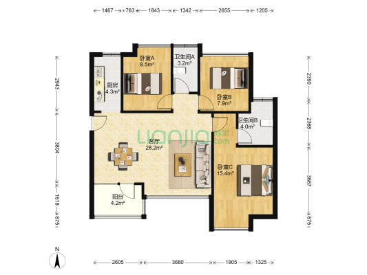 荣和林溪府观琴 3室1厅2卫 86平方