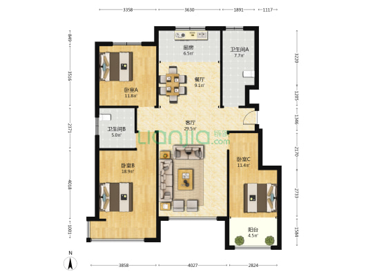 丹河壹号 3室2厅2卫 130平方