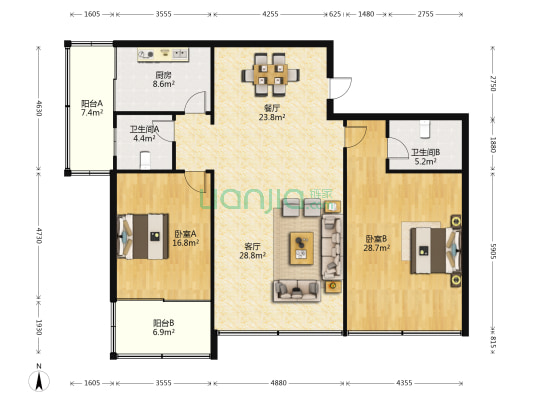 丽景华庭 2室2厅2卫 133平方