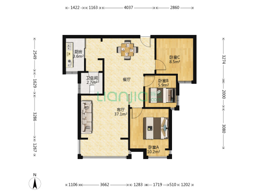 天润未来城北区 3室1厅1卫 93平方