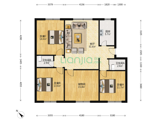 圣灯公寓 3室1厅2卫 120平方