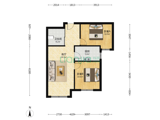 高铁新干线 2室1厅 南-户型图
