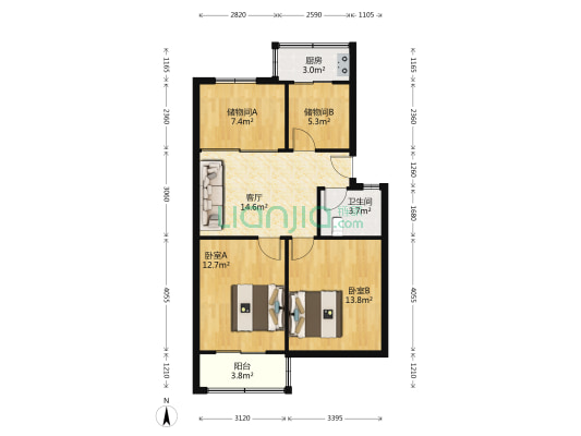 三十六中生活区 2室1厅1卫 76平方