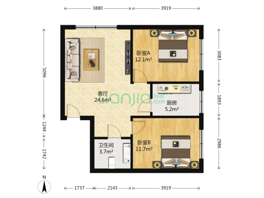田园之家 2室1厅1卫 84平方