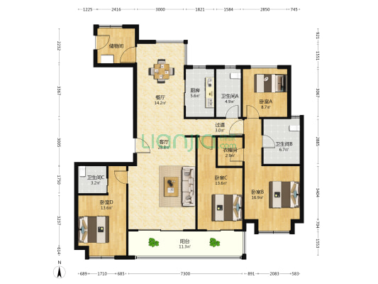 卓越雅苑 4室2厅3卫 166平方