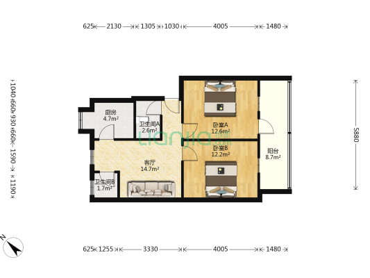 襄州人保家属院 2室1厅2卫 70平方
