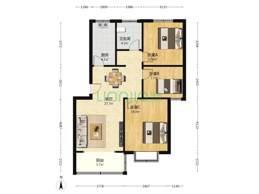 弘景新寓 3室1厅1卫 91平方