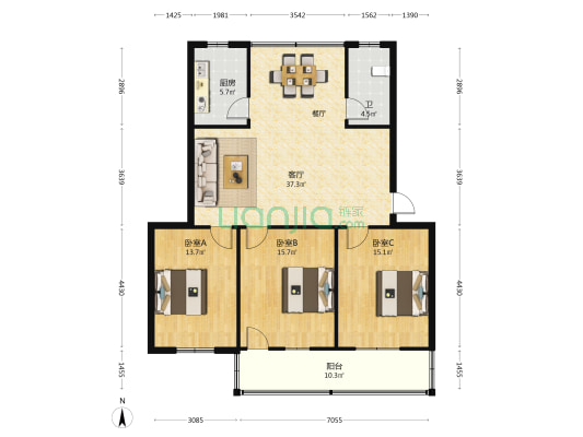 凤凰路24号 3室1厅1卫 130平方