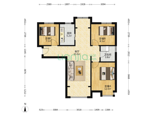 润阳花园 3室1厅1卫 102平方