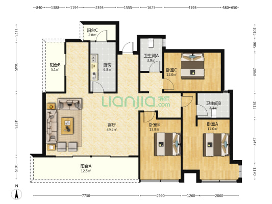 万达华庭 3室1厅2卫 142平方