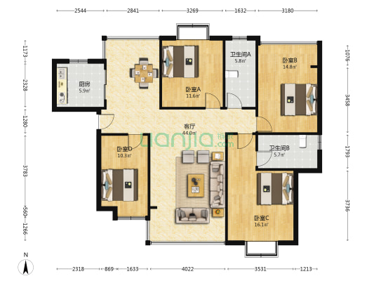 湘安嘉园 4室1厅2卫 140平方