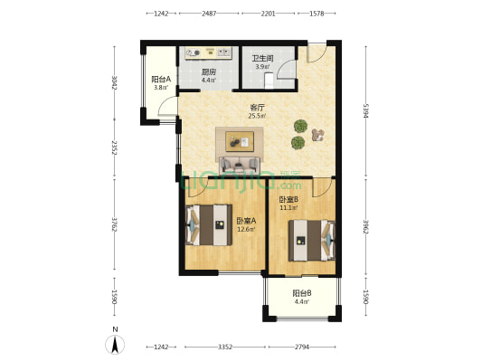俊发观云海云欣苑 2室1厅1卫 86平方