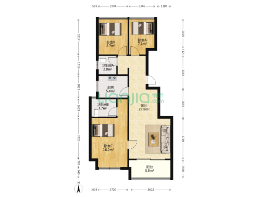 天珀府 3室1厅2卫 89平方