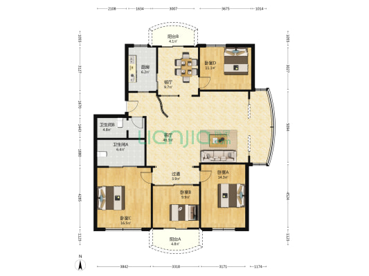 天元花园小区 4室2厅2卫 168平方
