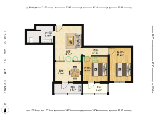 新建宫门11号院 2室2厅1卫 75平方