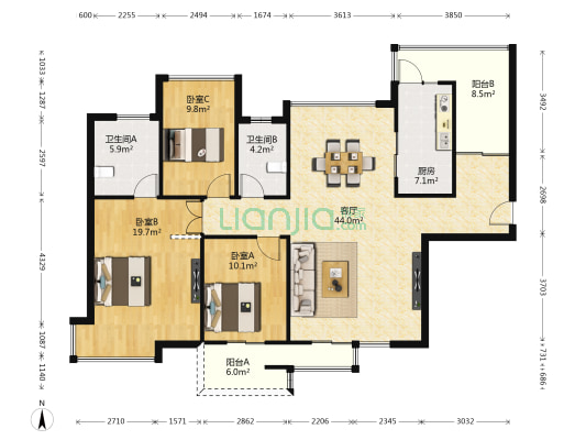 中海华庭 3室1厅2卫 147平方