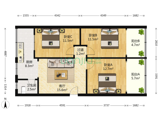 桃源社区二号院 3室1厅1卫 76平方