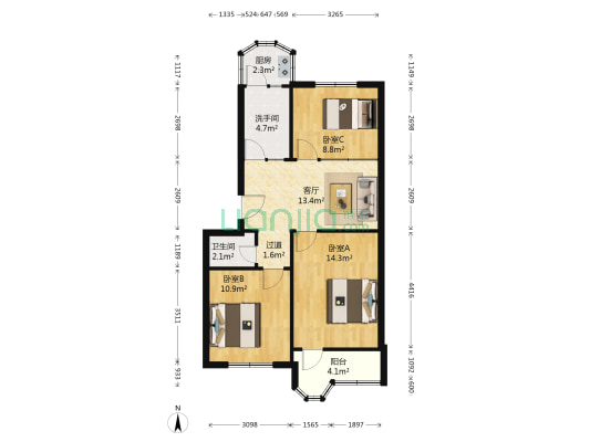 安裕东区 3室1厅2卫 80平方