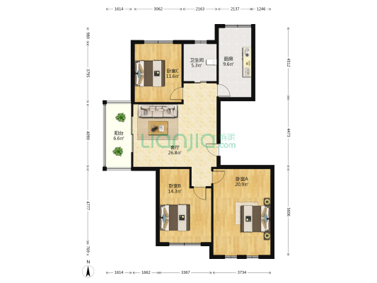 苏中天澜湾 3室1厅1卫 121平方
