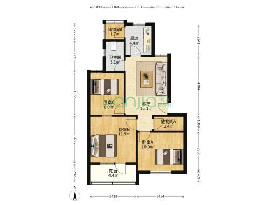 食品公司宿舍 3室1厅1卫 75平方