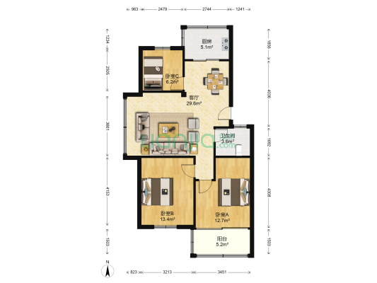 甜蜜家园 3室1厅1卫 92平方