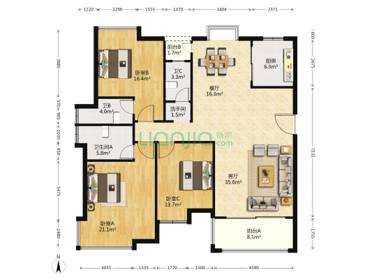 远洋城天骄花园 3室2厅4卫 152平方