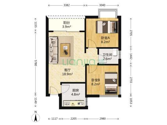 誉轩 2室1厅1卫 64平方