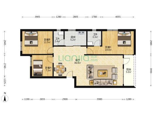 中山西路 3室1厅2卫 101平方