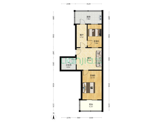 市政小区 2室2厅1卫 65平方
