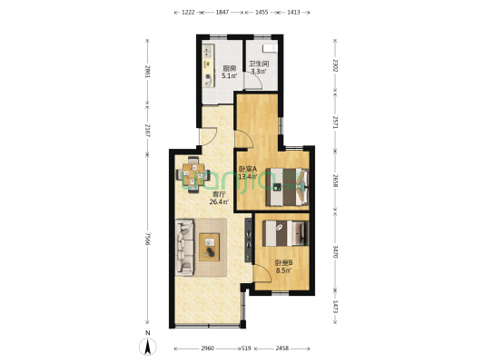 机关村 2室1厅1卫 69平方