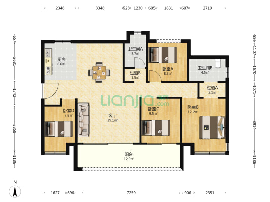 长沙北中心保利时代G区 4室1厅2卫 134平方