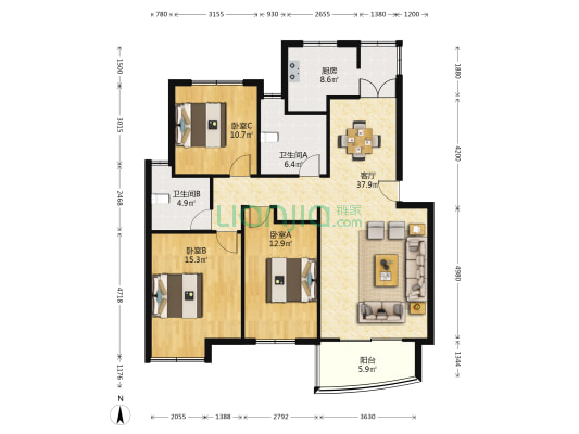 上大阳光乾清园 3室1厅2卫 117平方