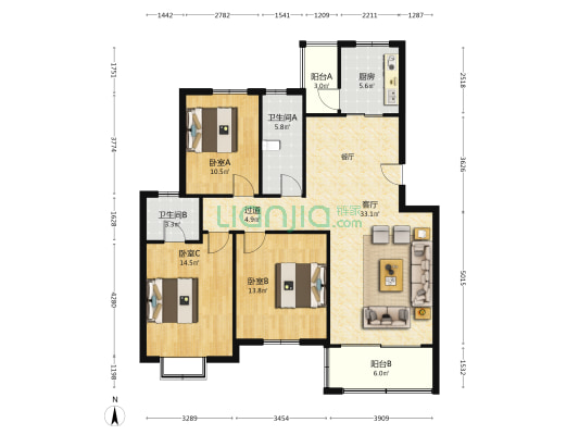 向阳苑(梁溪区) 3室1厅2卫 123平方