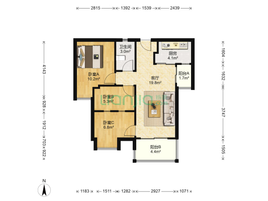 清能清江锦城一期 3室1厅1卫 76平方