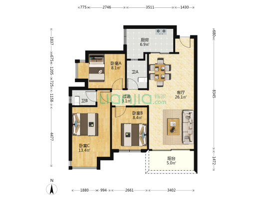 山水领寓 3室1厅2卫 89平方