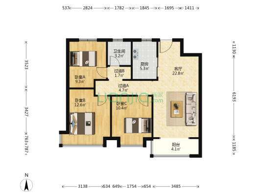 嘉实·万科紫台 3室1厅1卫 103平方