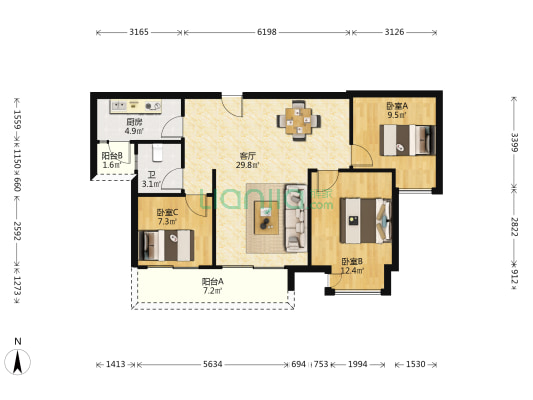 璟樾云山二期 3室1厅1卫 89平方