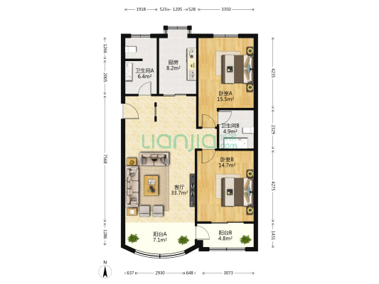 通发公寓 2室1厅2卫 121平方
