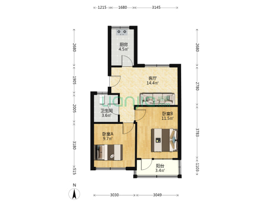 桥头宿舍 2室1厅1卫 60平方
