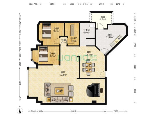 锦江新园 3室2厅1卫 142平方