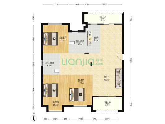塘河佳园 3室1厅2卫 136平方