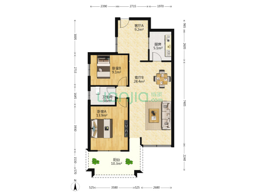 马德里风情 2室2厅1卫 98平方