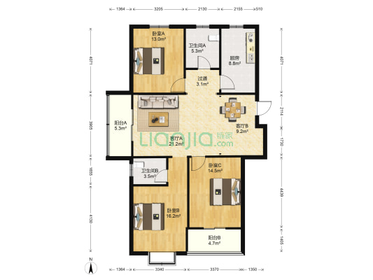 德驰华府 3室2厅2卫 132平方