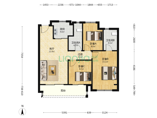绿地琥珀澜庭 3室1厅2卫 97平方