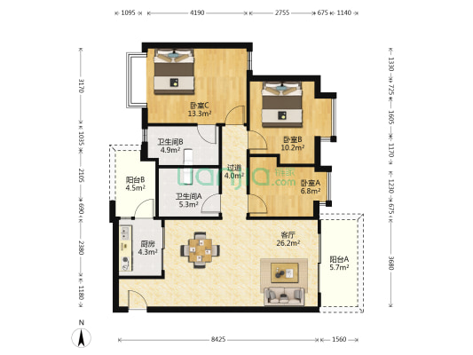 汇庭雅苑 3室1厅2卫 97平方