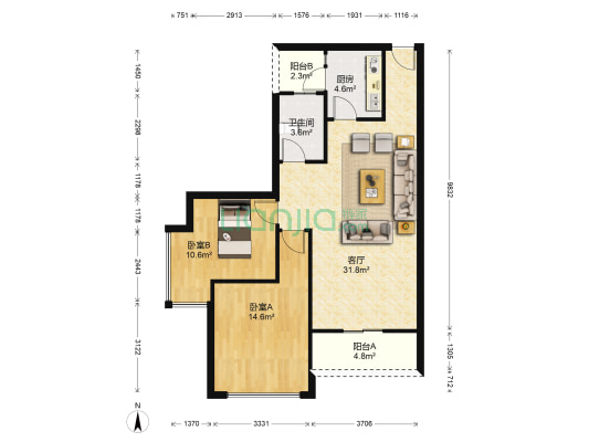 中港城 2室1厅1卫 89平方
